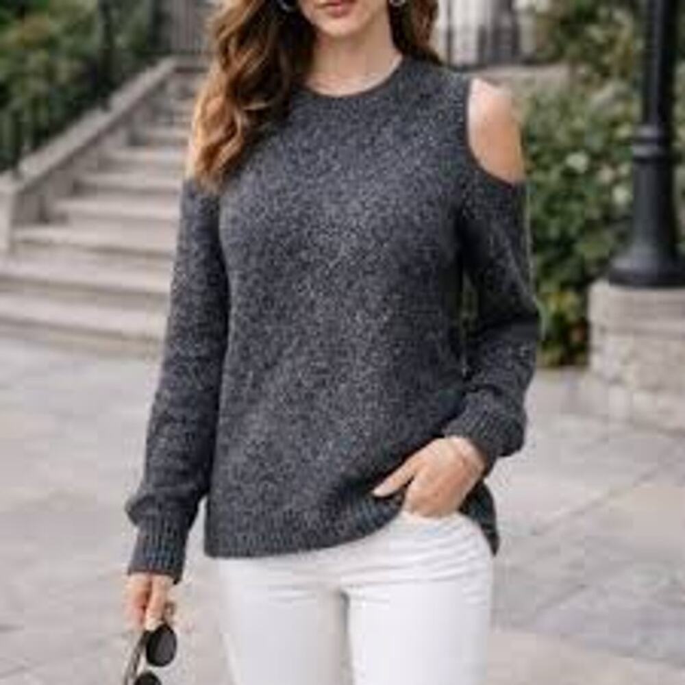 Rebecca Minkoff Page Cold Shoulder Sweater Gray Merino Wool Blend Size L NWT